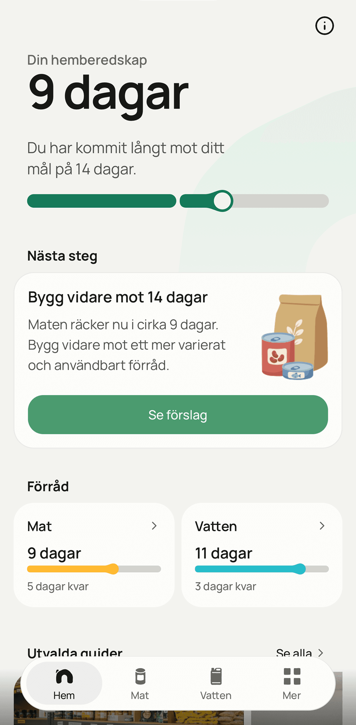 Hemberedos översikt med nio dagars hemberedskap, rekommendation och förråd