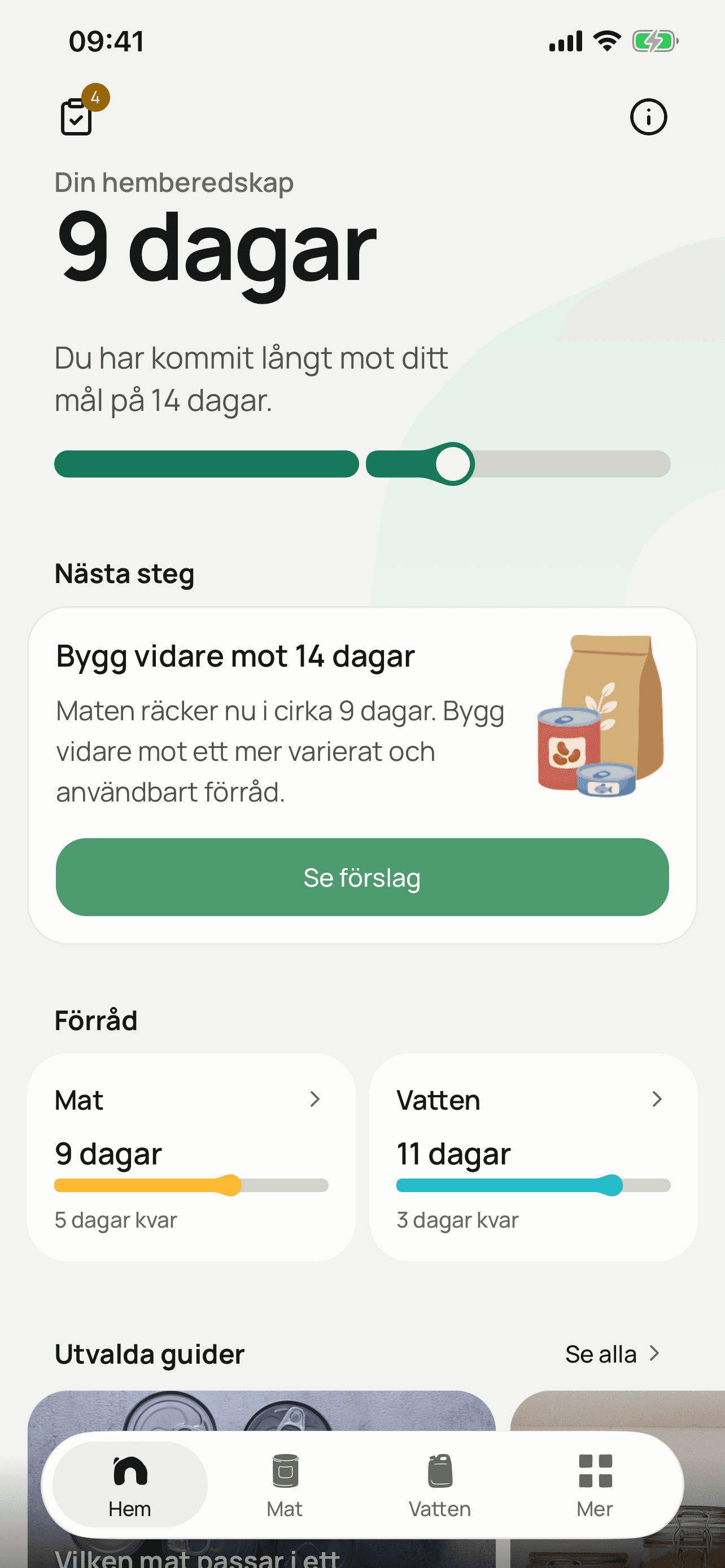 Hemberedos hemskärm med nio dagars beredskap, mål, nästa steg samt mat och vatten
