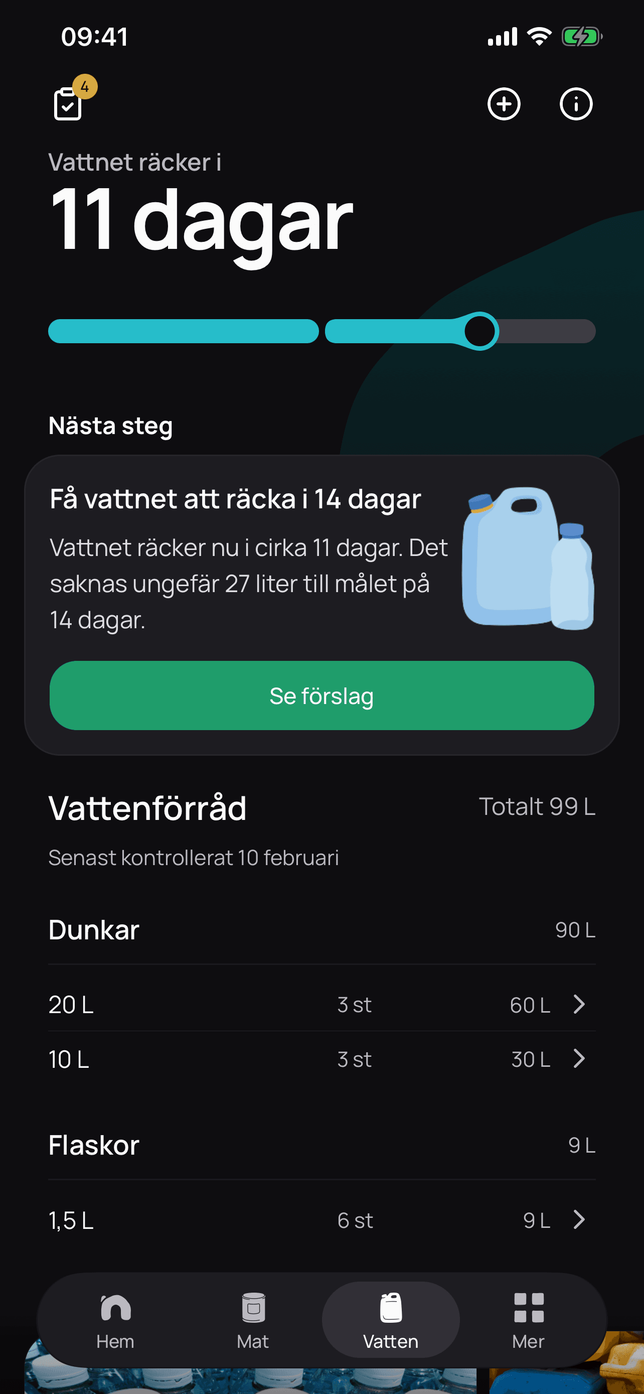 Hemberedos vattenöversikt med elva dagars vatten och hushållets vattenförråd